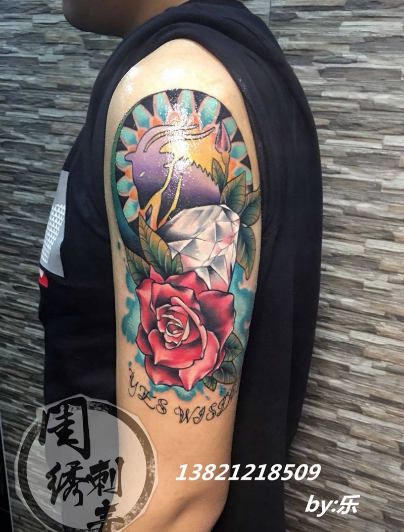 摩羯座纹身图片_成品手臂肩部欧美清新动物植物原创纹身图案