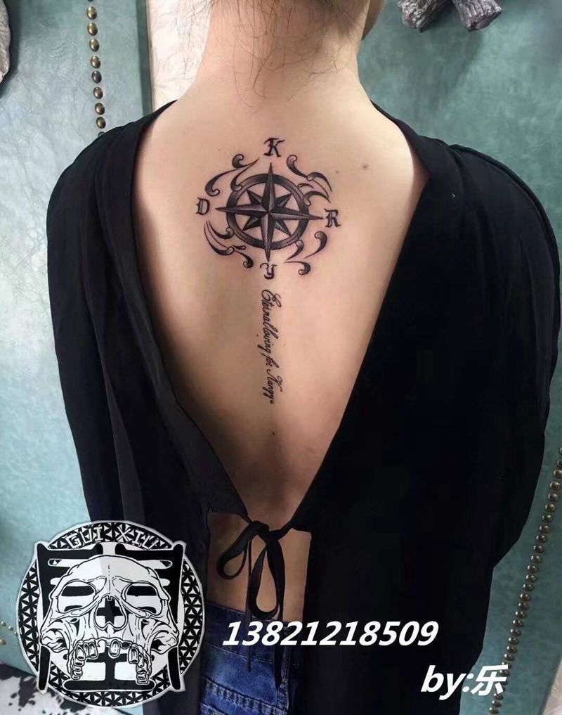 指南针纹身图片_成品颈部肩部背部欧美清新几何字符静物图腾纹身图案