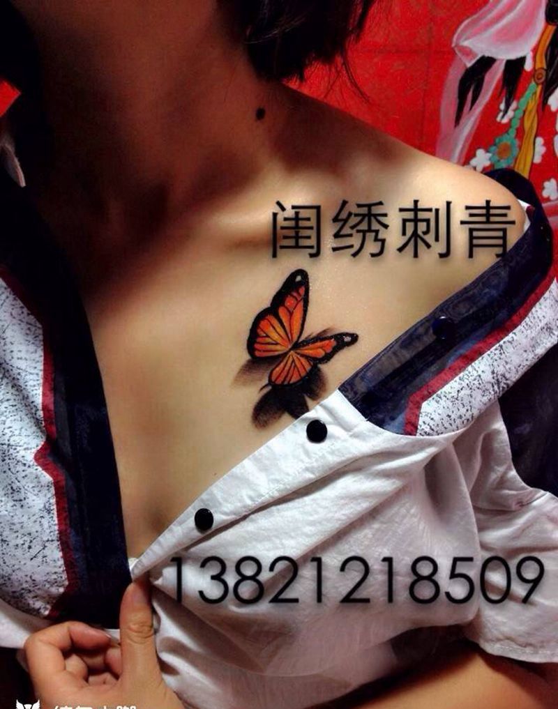 3D蝴蝶纹身图片_成品胸部传统动物纹身图案