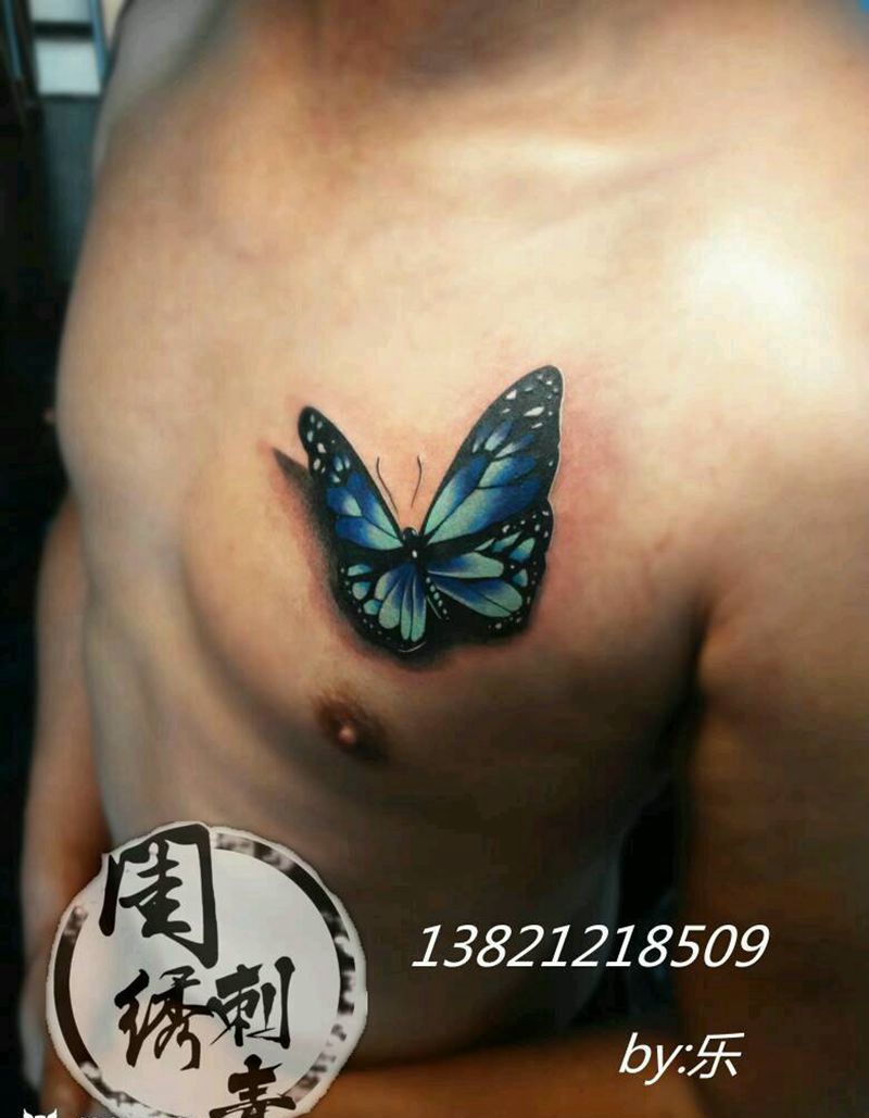 3D蝴蝶纹身图片_胸部欧美传统清新写实动物成品纹身图案