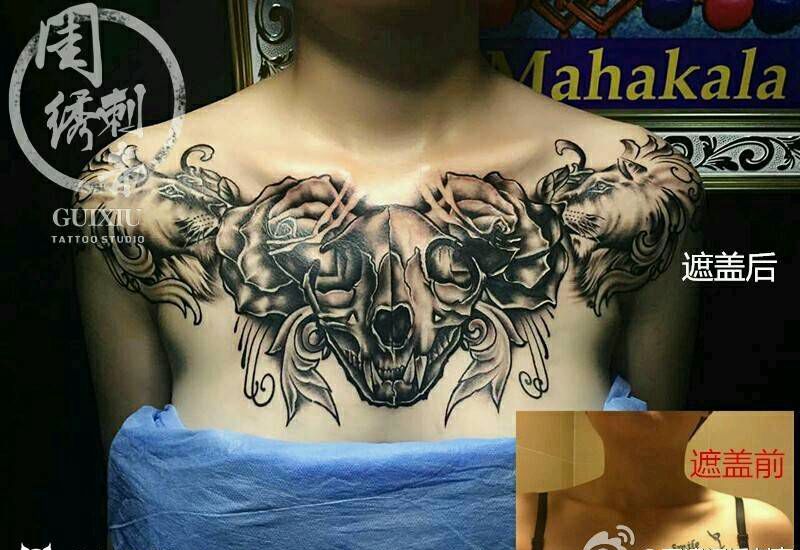 花胸遮盖失败纹身纹身图片_肩部胸部欧美动物植物成品纹身图案