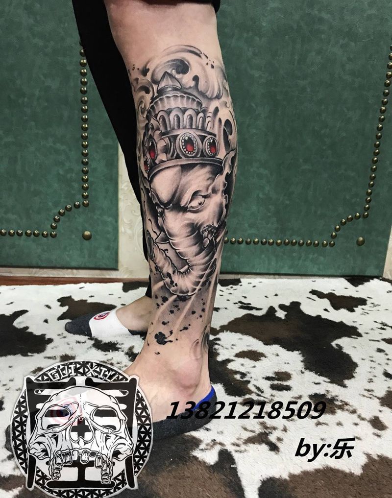 象神纹身图片_成品脚部腿部传统国画动物宗教鬼神纹身图案