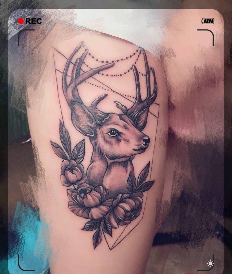 大腿麋鹿纹身图片_腿部新传统纹身图案