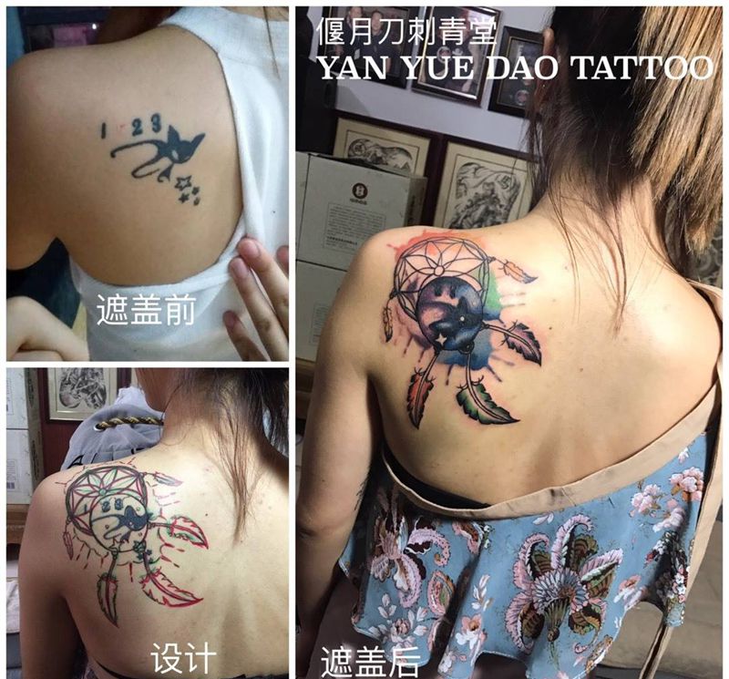 遮盖设计补梦网纹身图片_原创成品手稿肩部水彩补梦网纹身图案