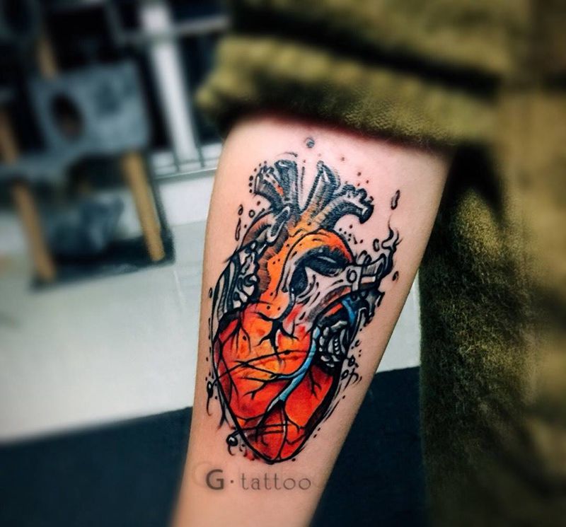 水彩心脏纹身图片_成品手稿手臂欧美清新原创情侣纹身图案