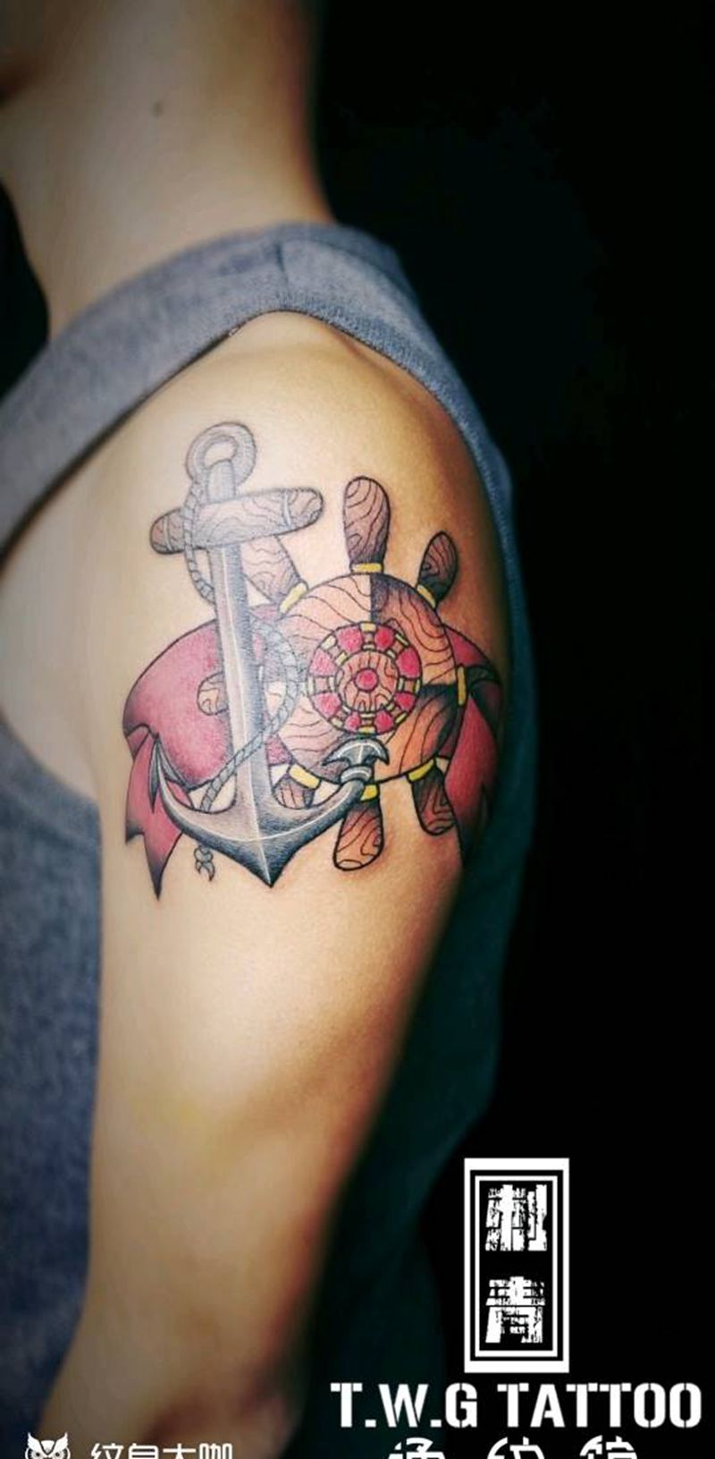 锚，舵纹身图片_手臂肩部Old Schoolschool纹身图案