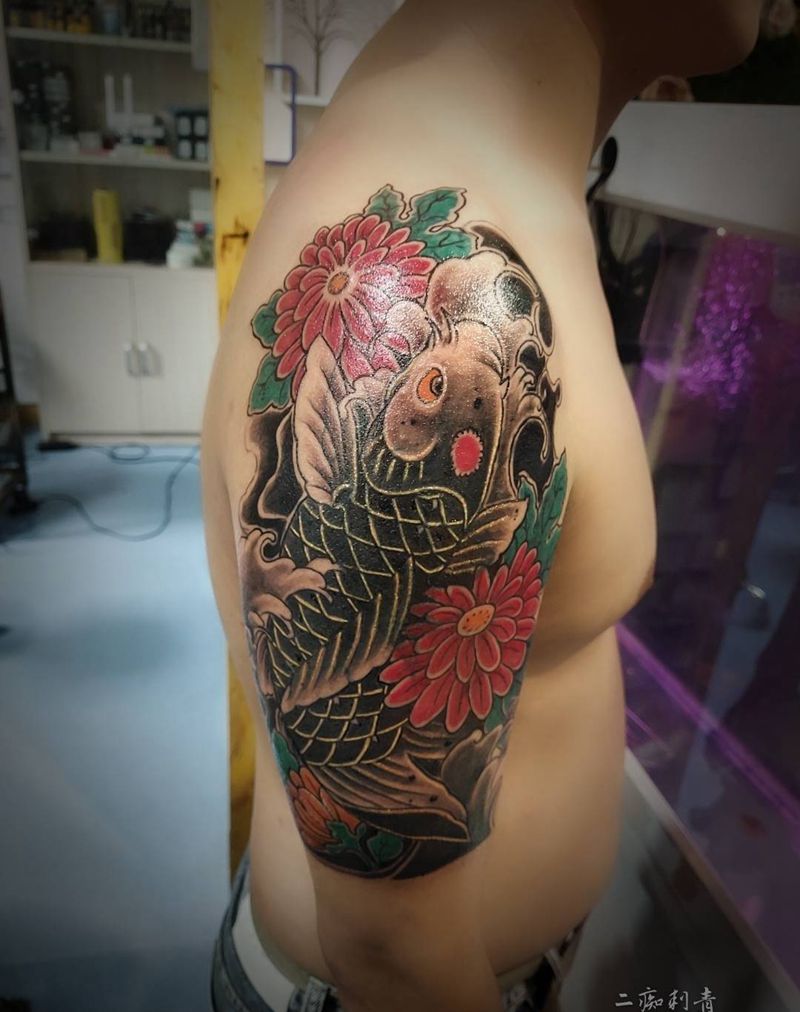 鱼 遮盖纹身图片_肩部纹身图案