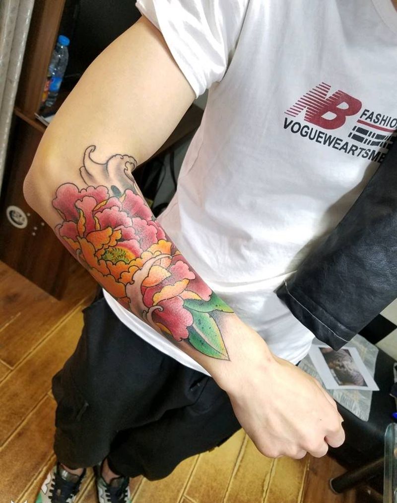 传统牡丹花纹身纹身图片_肩部背部手臂手部传统国画字符人物植物成品纹身图案