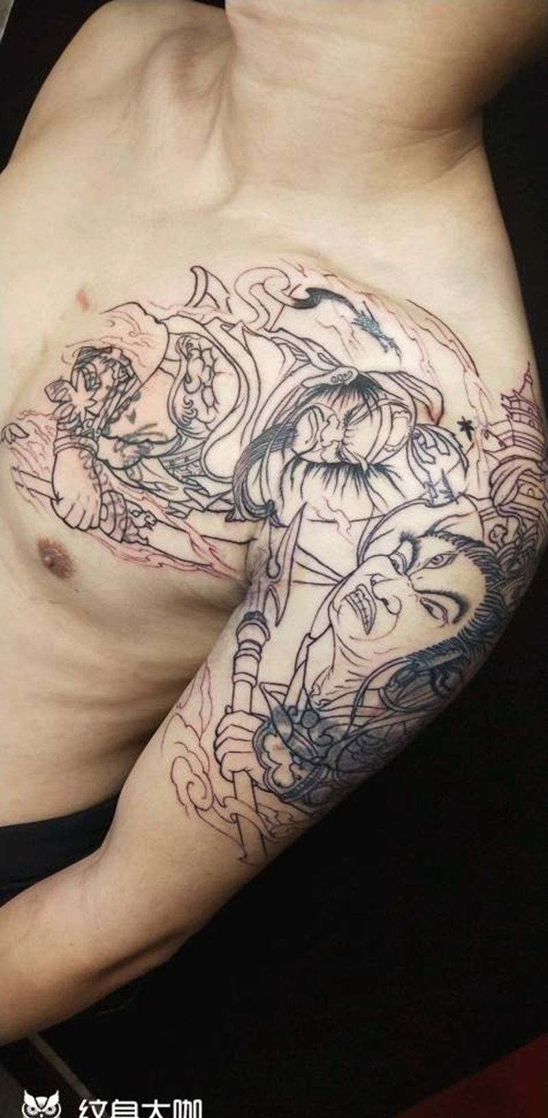 半胛，遮盖纹身图片_胸部手臂新传统关羽，真君纹身图案