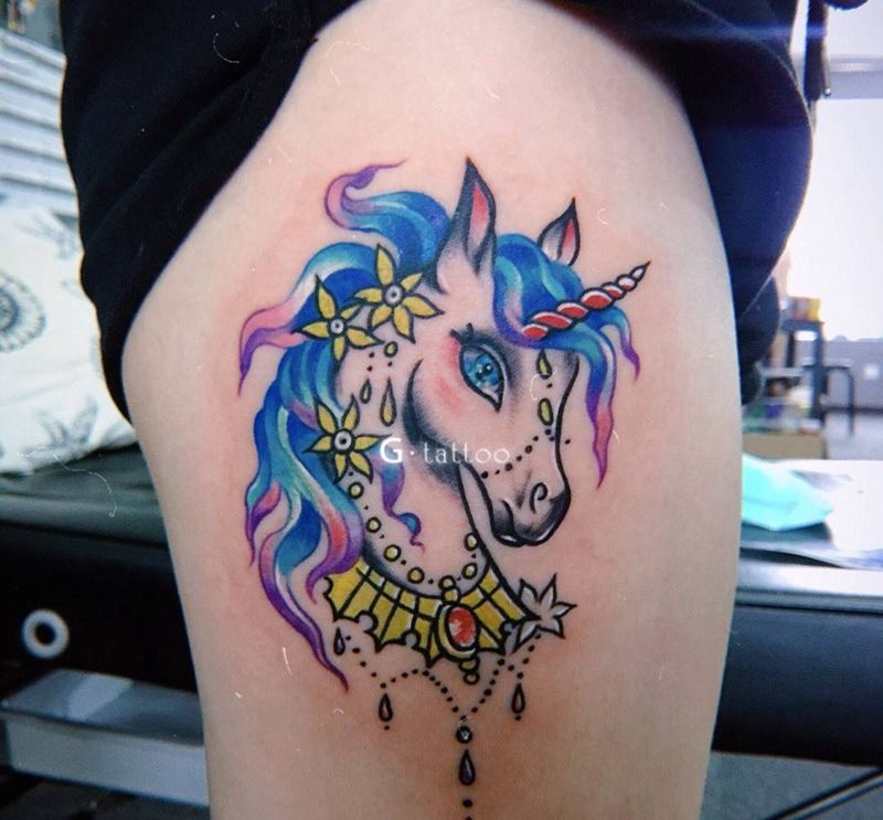 独角兽纹身图片_腿部New School水彩纹身图案