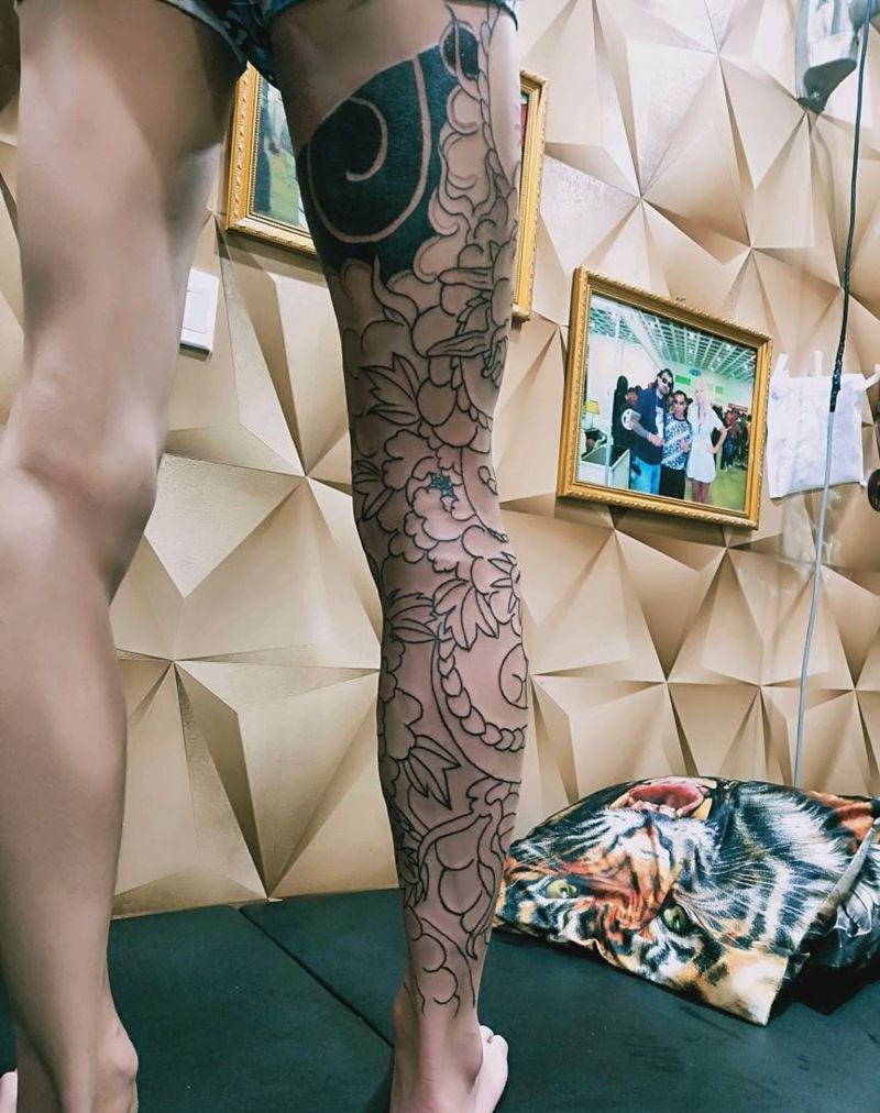 花腿龙纹身图片_腿部老传统纹身图案