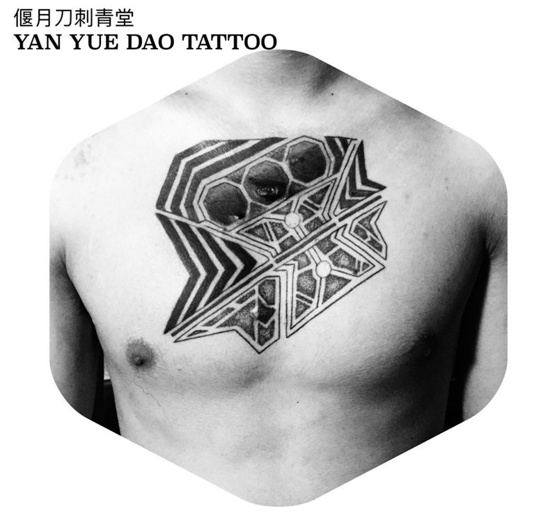 遮盖设计几何点刺纹身图片_原创手稿成品胸部欧美几何点刺纹身图案