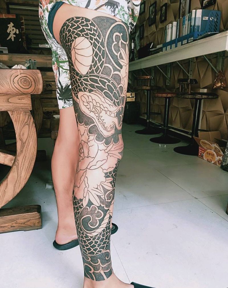 花腿纹身图片_腿部老传统纹身图案