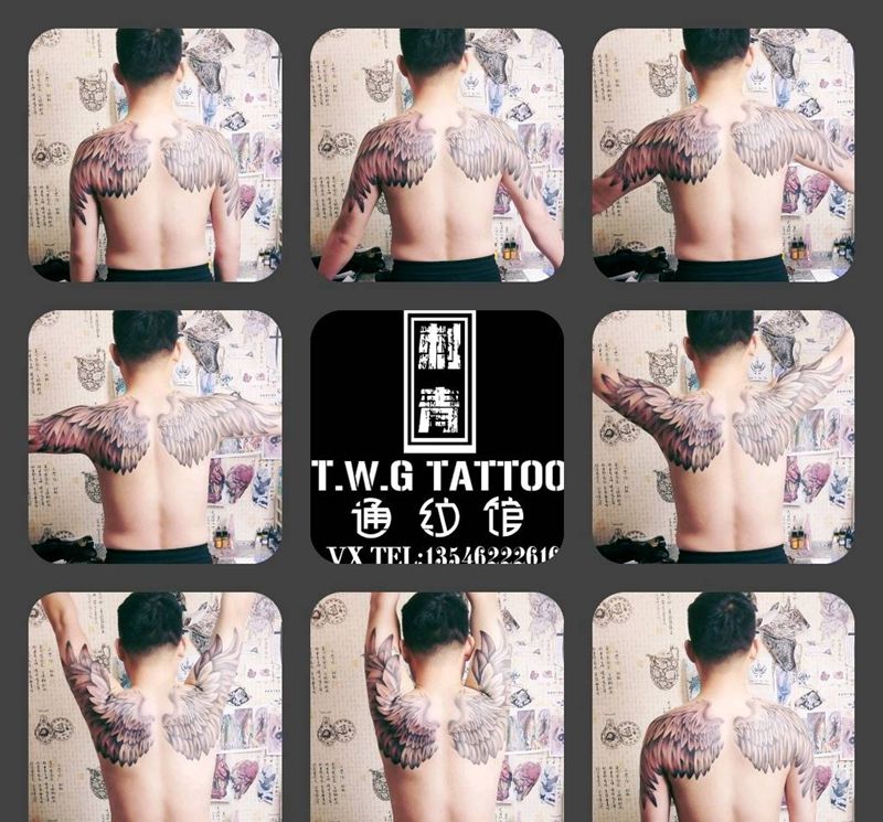 翅膀纹身图片_背部新传统翅膀纹身图案
