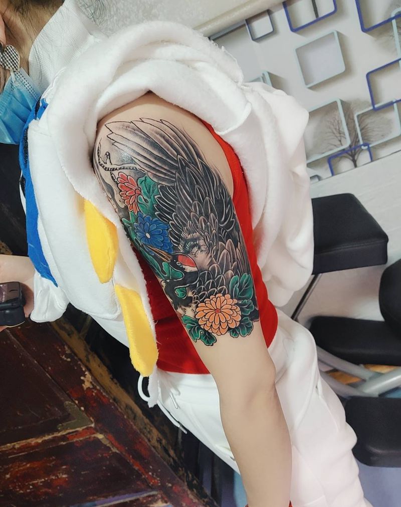 仙鹤 遮盖纹身图片_肩部纹身图案