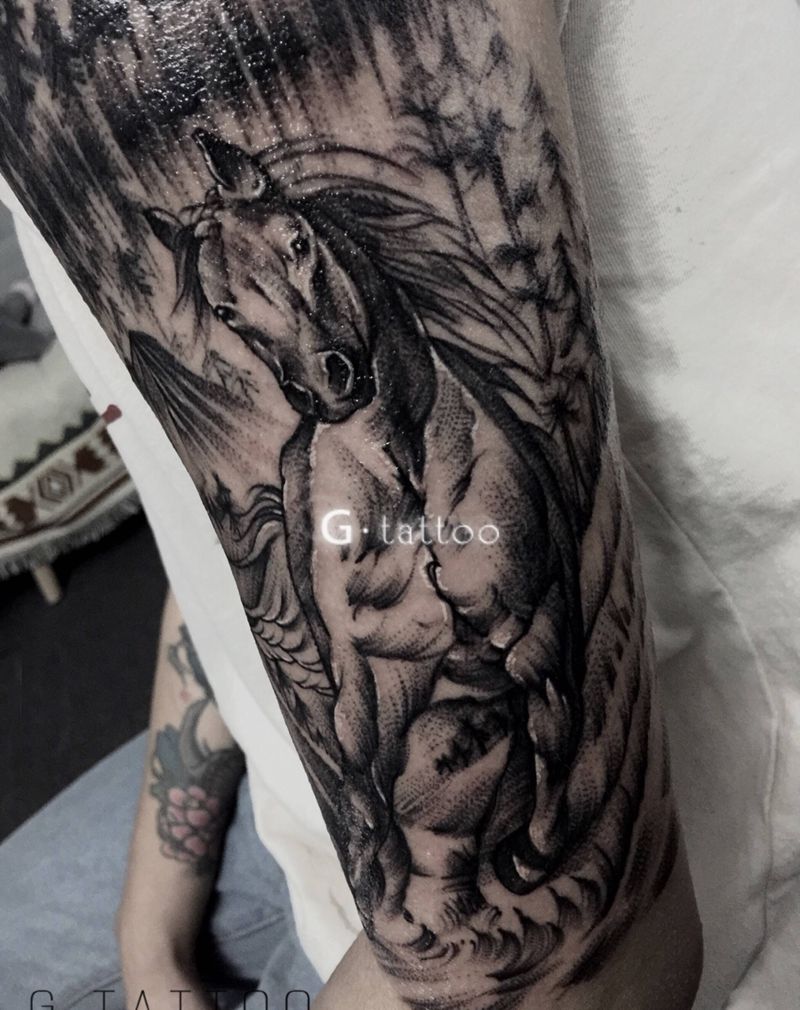 马（遮盖）纹身图片_手臂欧美写实New School纹身图案