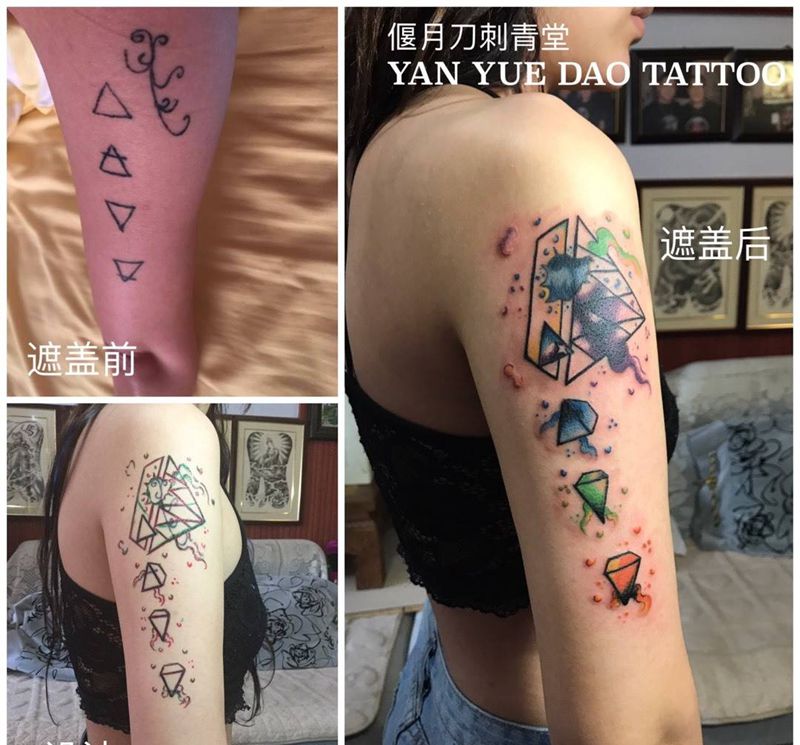 水彩钻石遮盖纹身图片_原创成品手稿手臂水彩钻石纹身图案