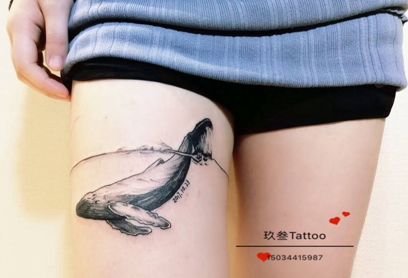 鲸鱼纹身图片_腿部清新动物点刺纹身图案