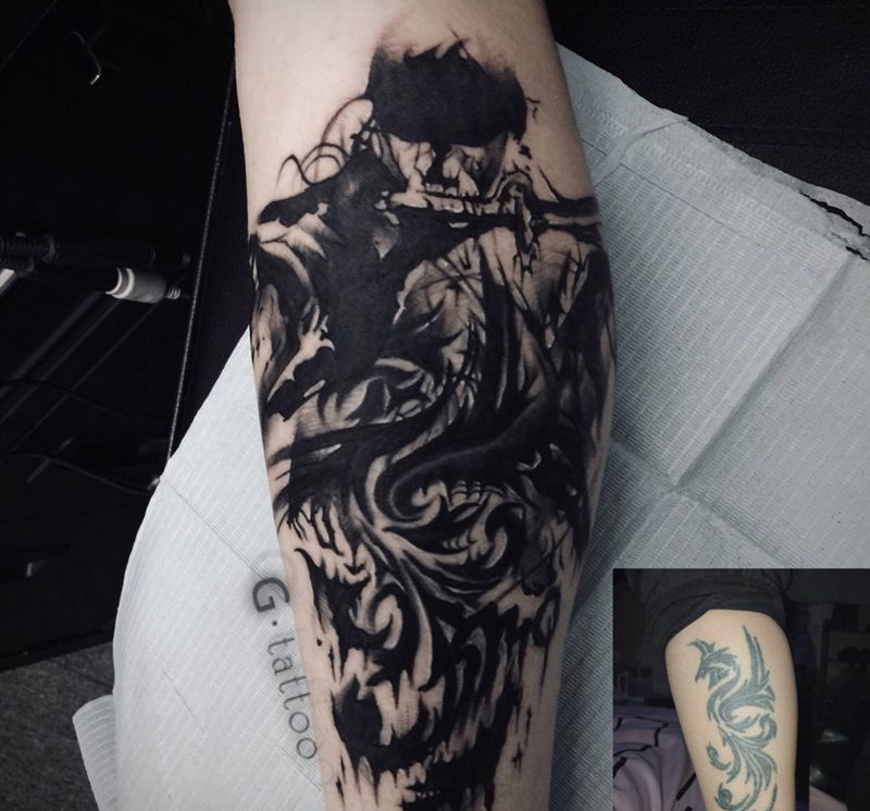 索隆（遮盖）纹身图片_腿部欧美写实图腾纹身图案