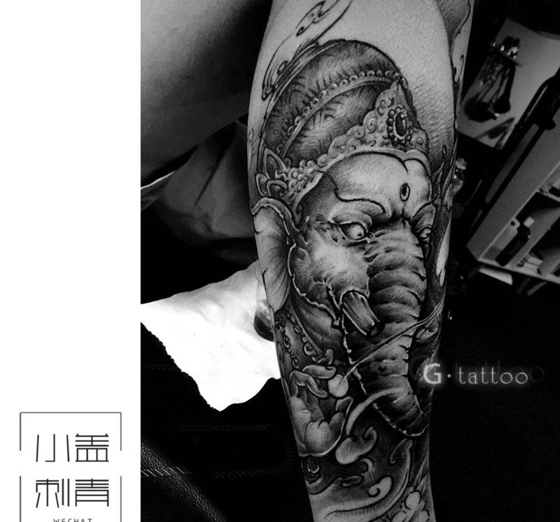 小腿象神纹身图片_成品手稿腿部传统动物情侣原创纹身图案