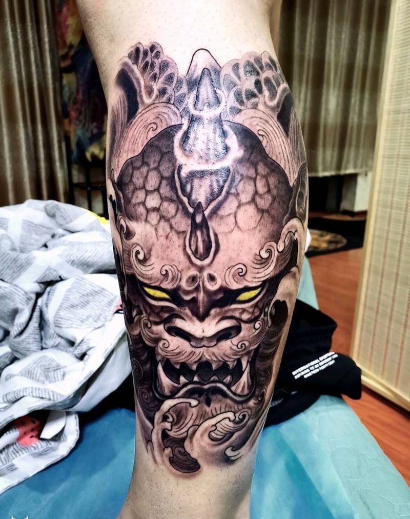 唐狮纹身图片_腿部纹身图案