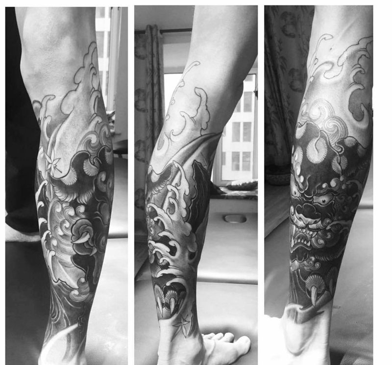 福狮子纹身图片_成品腿部传统动物原创鬼神纹身图案