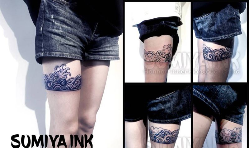 海浪彩色图腾腿环纹身图片_成品腿部图腾宗教原创几何习俗国画纹身图案