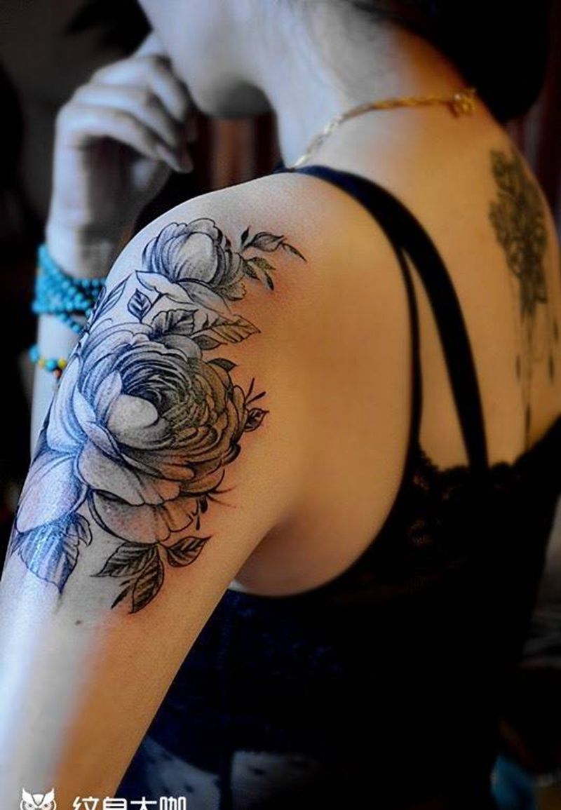 速写牡丹花纹身图片_肩部欧美植物巴依纹身内蒙古纹身专业纹身纹身图案