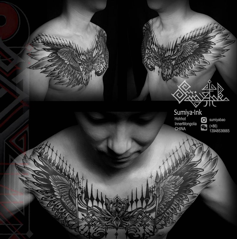 猫头鹰花胸纹身图片_胸部New School几何猫头鹰图腾翅膀纹身图案