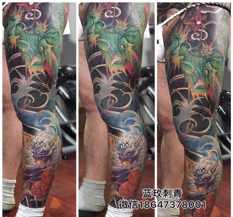 龙花腿纹身图片_腿部新传统纹身图案