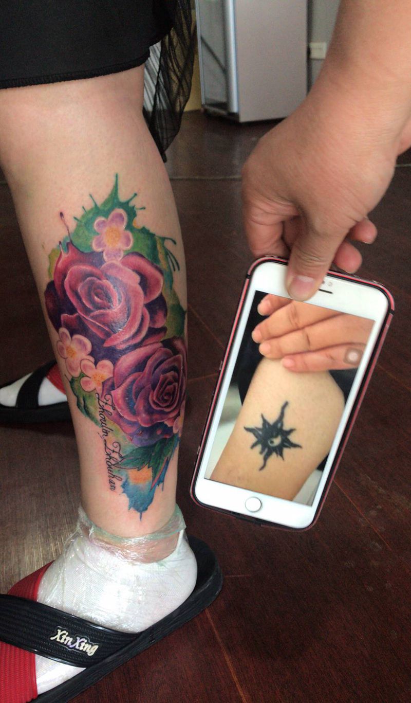 玫瑰花纹身图片_腿部纹身图案