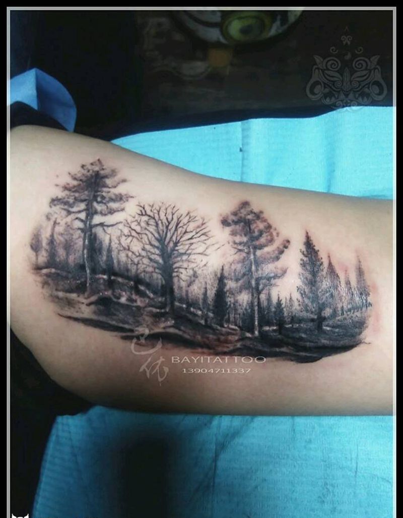 风景纹身图片_手臂国画静物内蒙古纹呼市巴依纹身图案