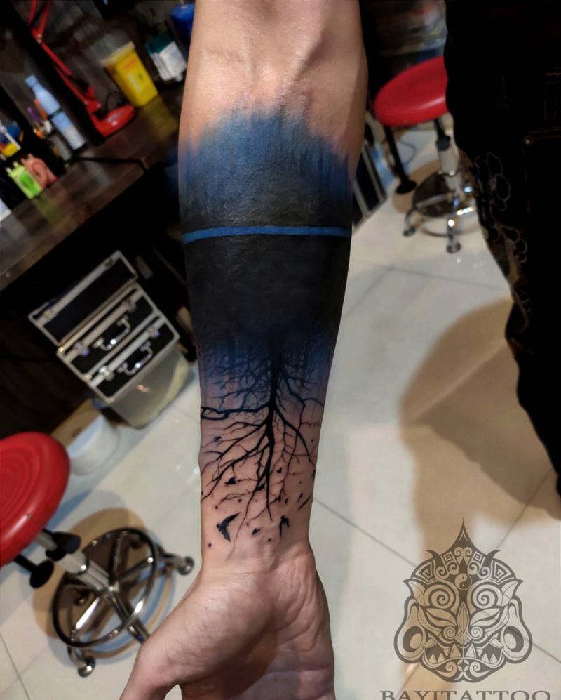 小臂遮盖纹身图片_手臂图腾水墨遮盖纹身图案