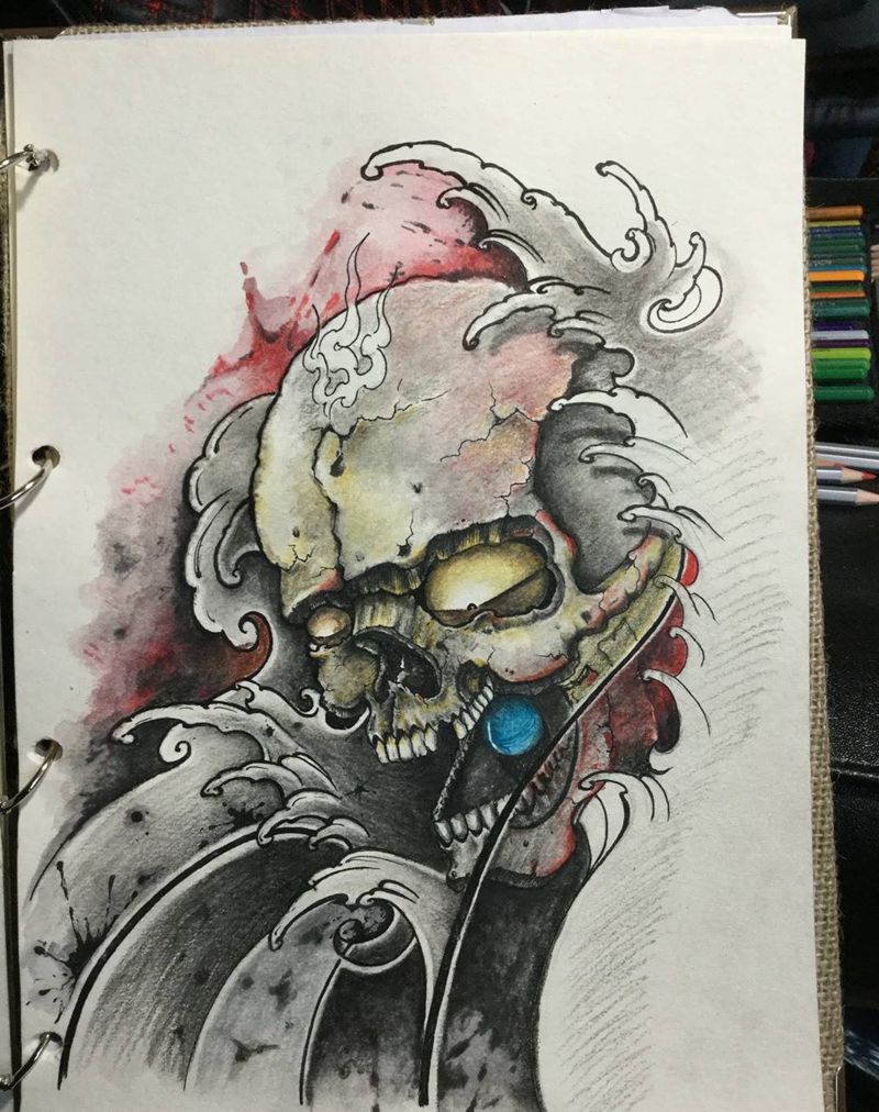 彩铅骷髅纹身图片_巴依纹身内蒙古纹身专业纹身手稿鬼神纹身图案