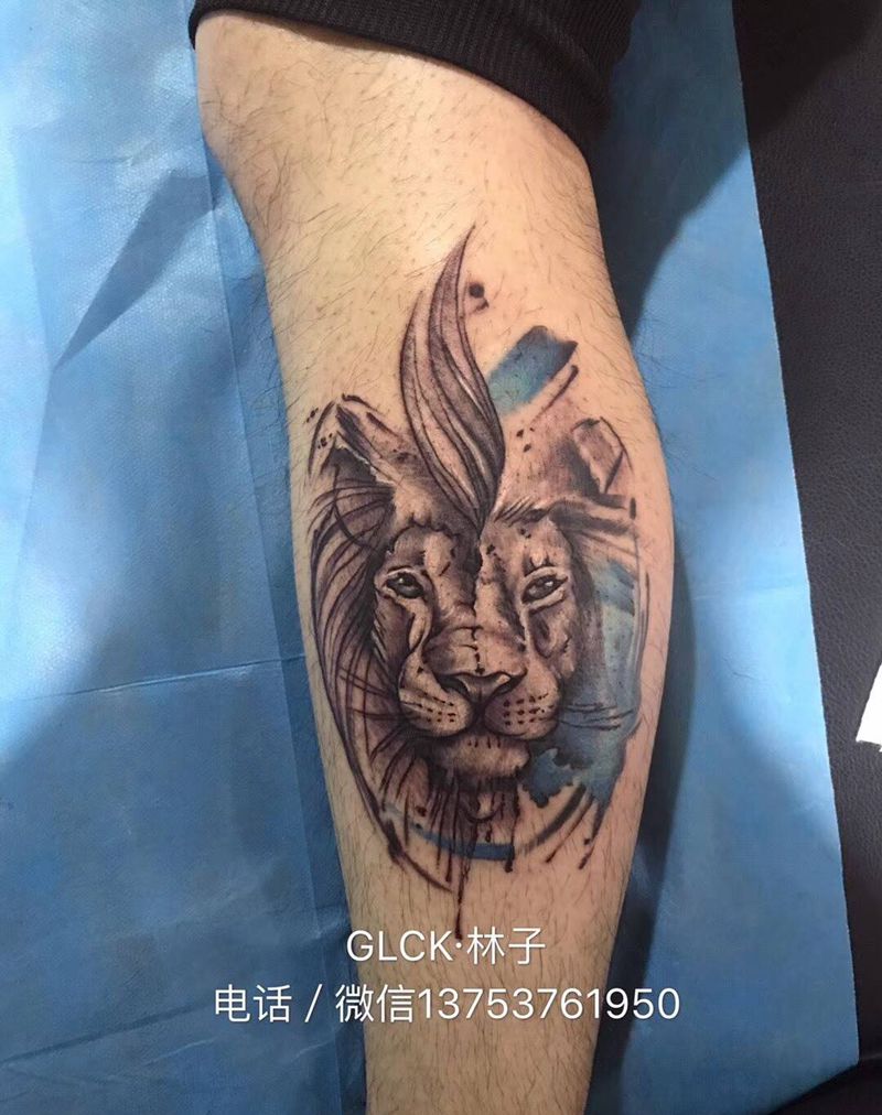 狮子纹身图片_腿部欧美动物纹身图案