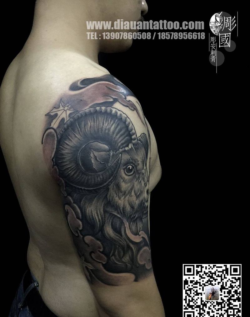 羊纹身图片_欧美传统成品动物原创鬼神宗教花臂刺青纹身图案