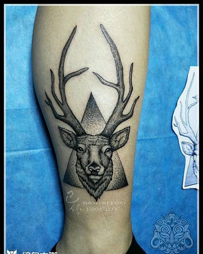 鹿头纹身图片_腿部欧美动物内蒙古纹呼市巴依点刺纹身图案