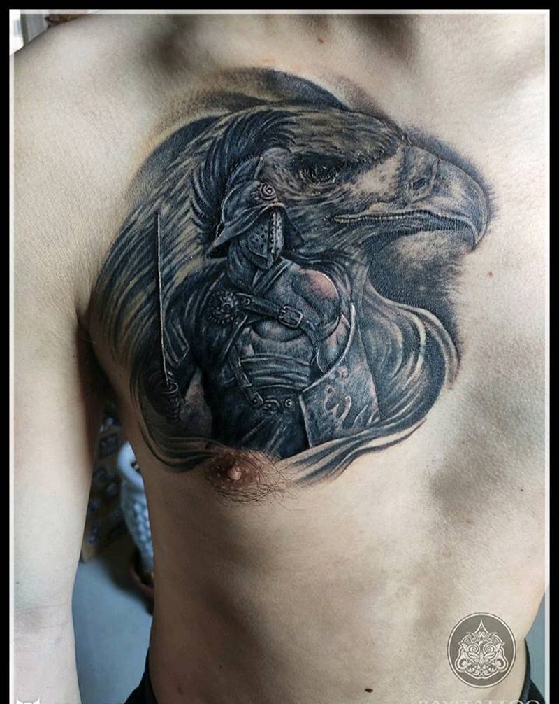 遮盖作品武士纹身图片_胸部欧美写实遮盖黑武士纹身图案