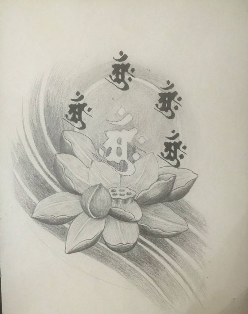 荷花纹身图片_腰部传统原创植物手稿纹身图案