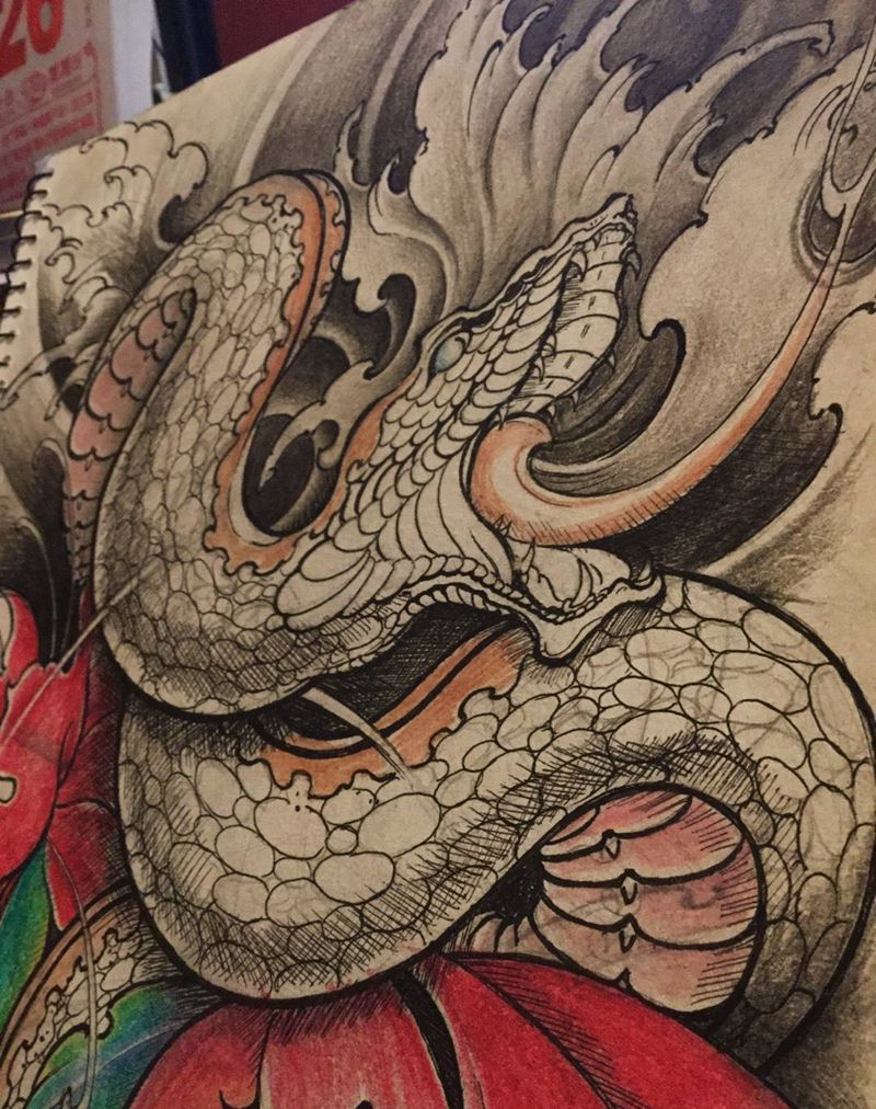 原创蛇纹身图片_巴依内蒙古专业培训手稿成品传统纹身图案