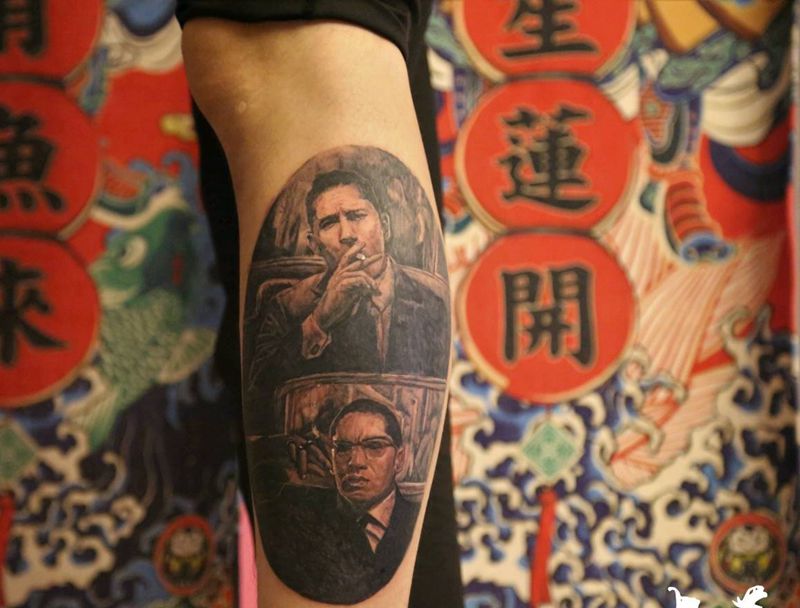 克雷兄弟纹身图片_腿部欧美写实纹身图案