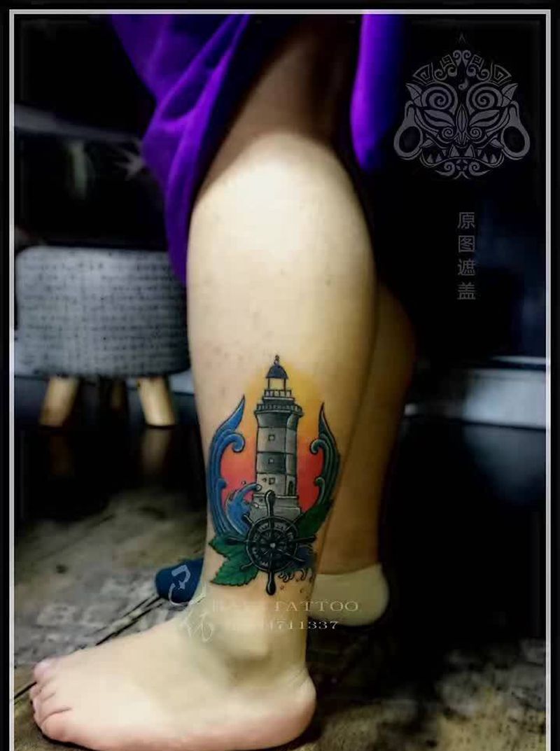 灯塔遮盖纹身图片_巴依内蒙古专业培训原创欧美腿部纹身图案