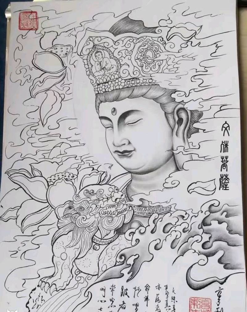 文殊菩萨纹身图片_背部手臂老传统新传统纹身图案