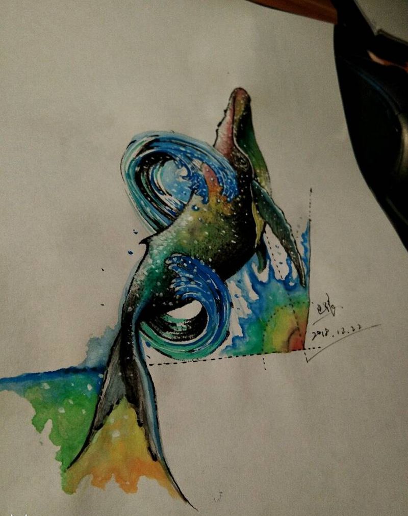 鲲水彩纹身图片_水墨鲲手稿纹身图案