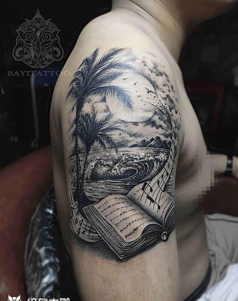 大臂风景纹身图片_手臂欧美写实风景写实纹身图案