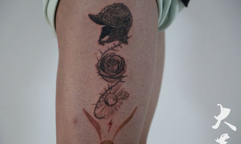 守护纹身图片_腿部欧美写实纹身图案