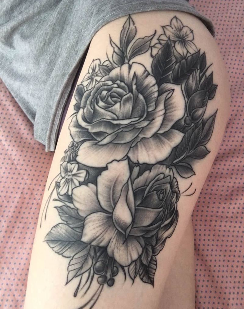 大腿牡丹纹身图片_腿部国画植物巴依纹身内蒙古纹身专业纹身纹身图案