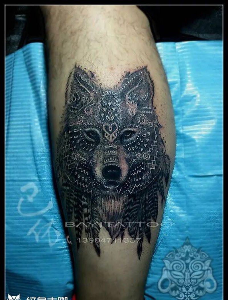 印第安狼头纹身图片_腿部欧美动物巴依纹身内蒙古纹身专业纹身纹身图案