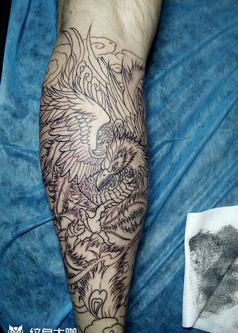 彩凤包小腿割线纹身图片_腿部传统动物内蒙古纹呼市巴依纹身图案