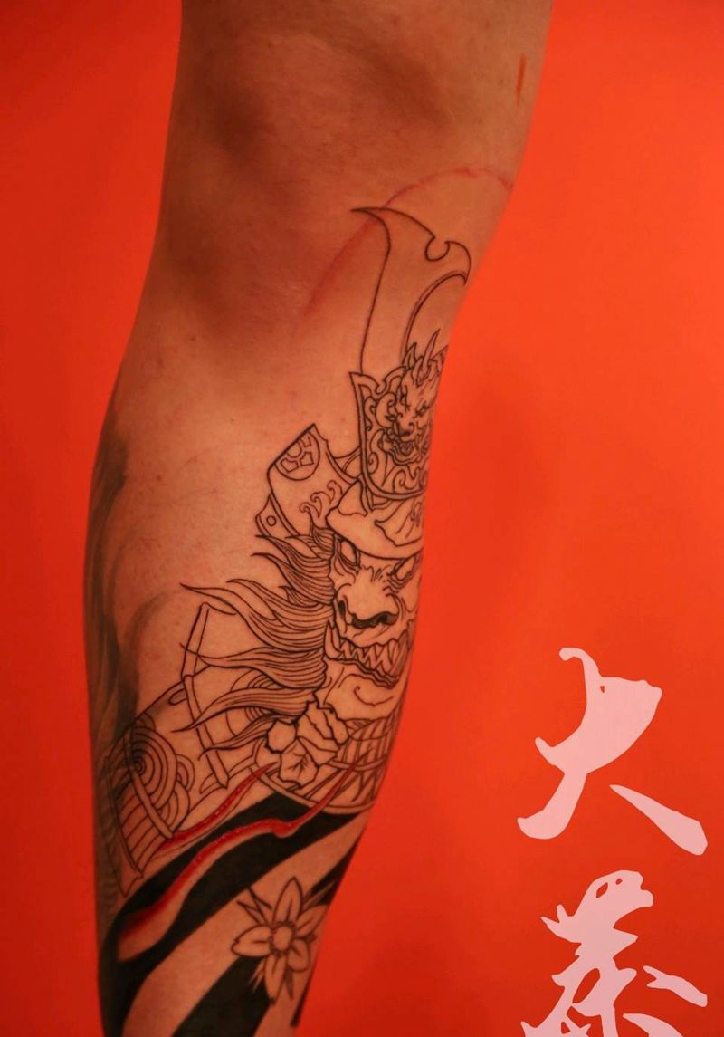 鬼武士50%未完成纹身图片_腿部老传统纹身图案